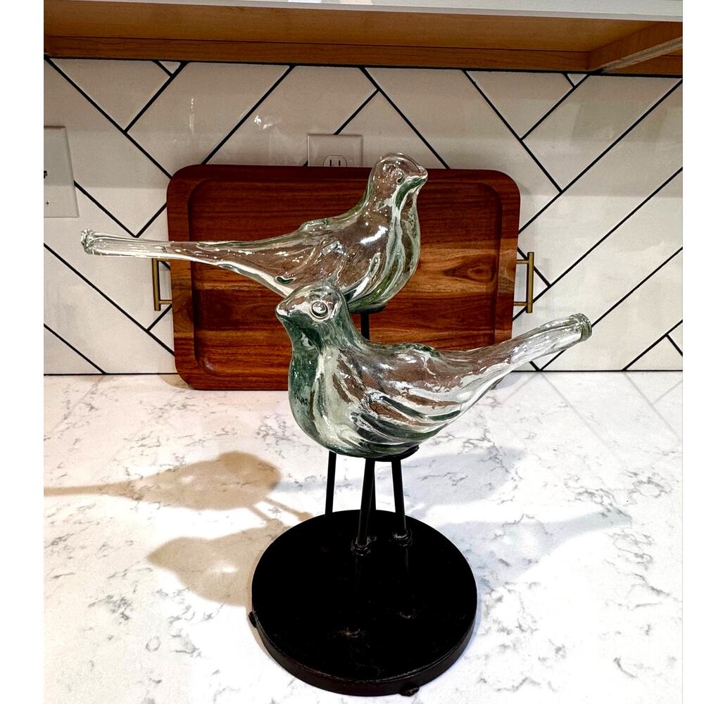 Mexican Hand-Blown Glass candle holder Birds with metal base recycled glass Art